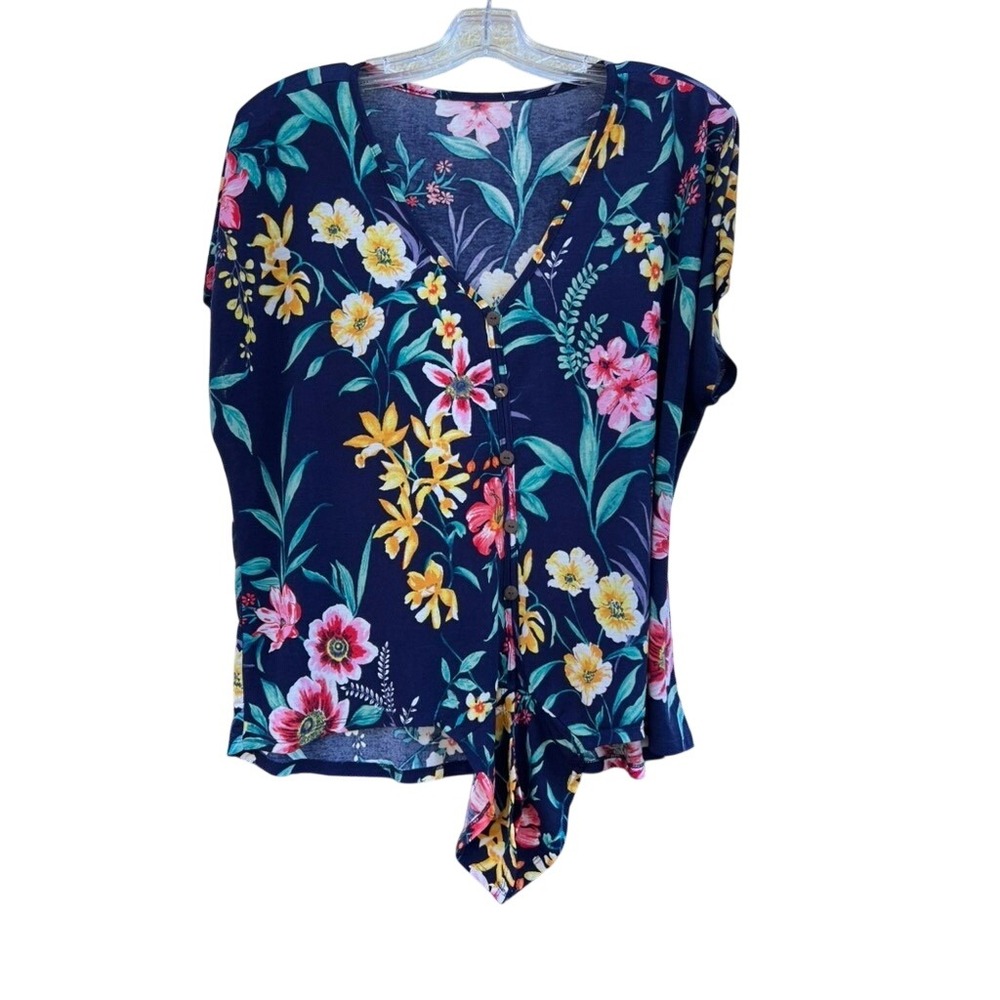 Navy Blue‎ Tropical Floral Button Front Tie Hem V-Neck Short Sleeve Blouse L/XL